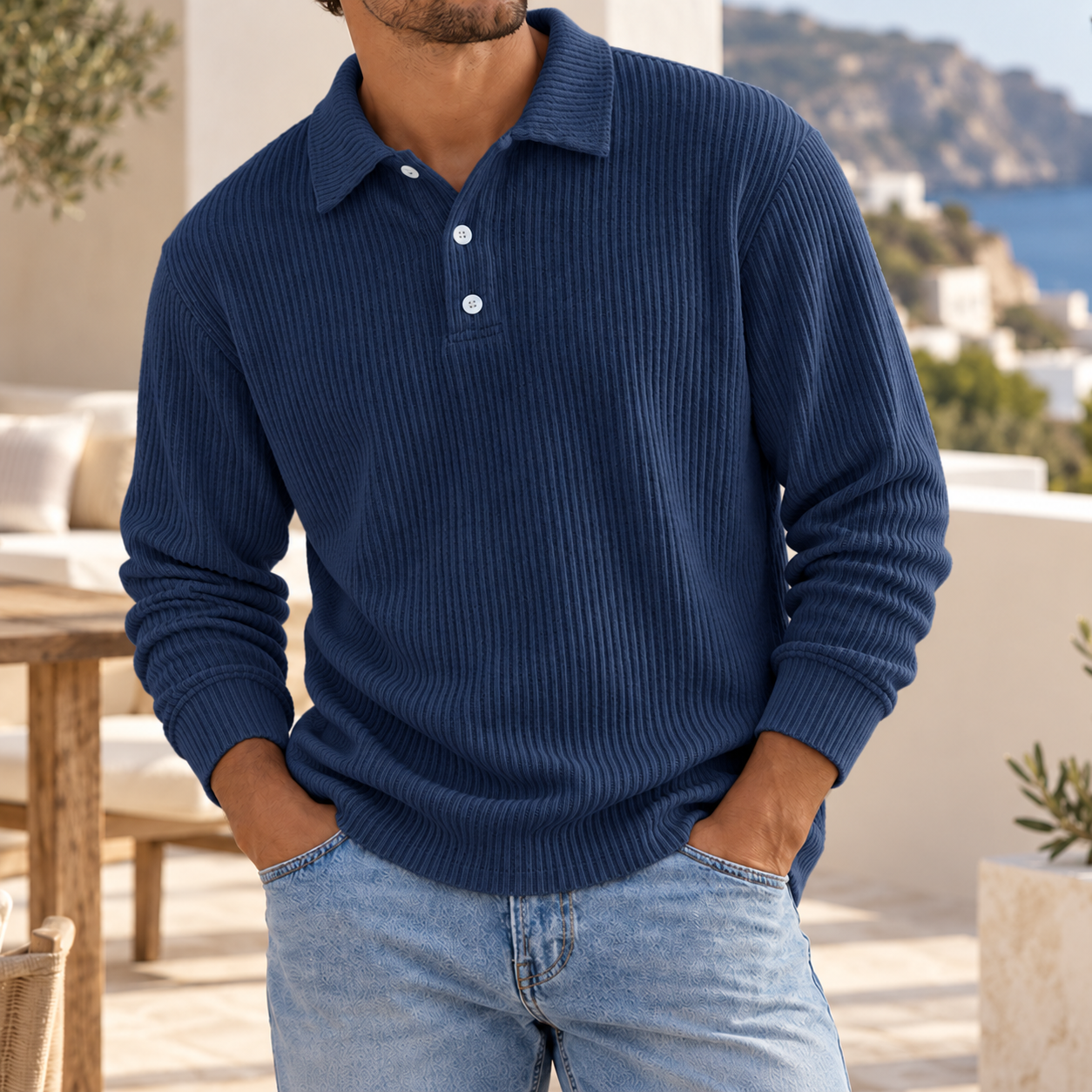 Men's Ribbed Knit Polo Sweater Long Sleeve Relaxed Fit Casual Pullover