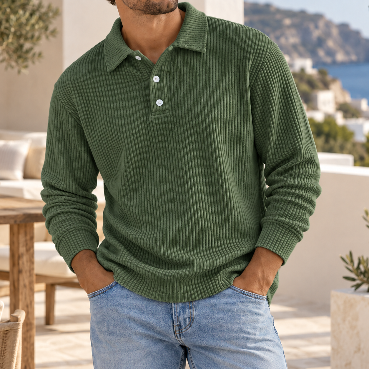 Men's Ribbed Knit Polo Sweater Long Sleeve Relaxed Fit Casual Pullover