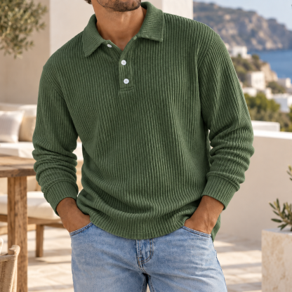 Men's Ribbed Knit Polo Sweater Long Sleeve Relaxed Fit Casual Pullover