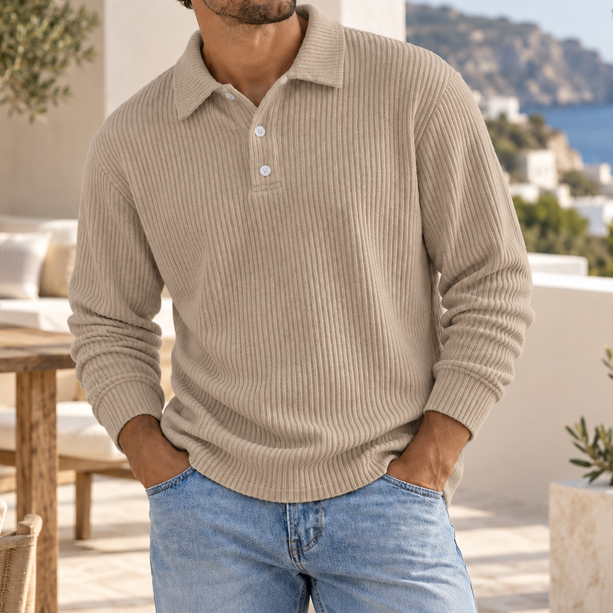 Men's Ribbed Knit Polo Sweater Long Sleeve Relaxed Fit Casual Pullover