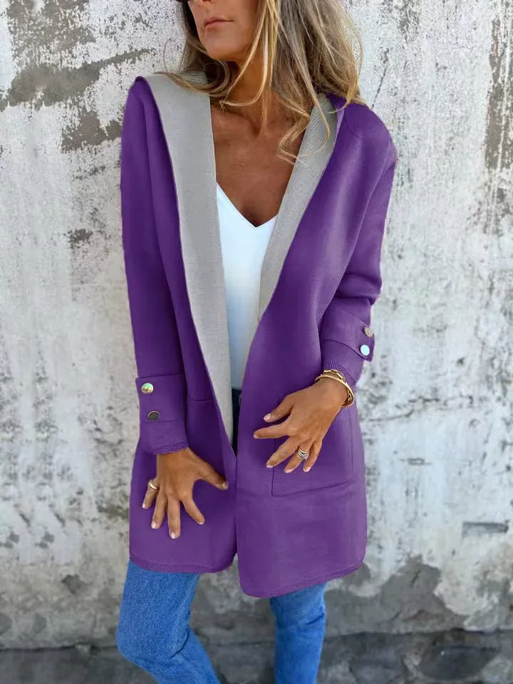 Women's Color Block Open Front Hooded Coat