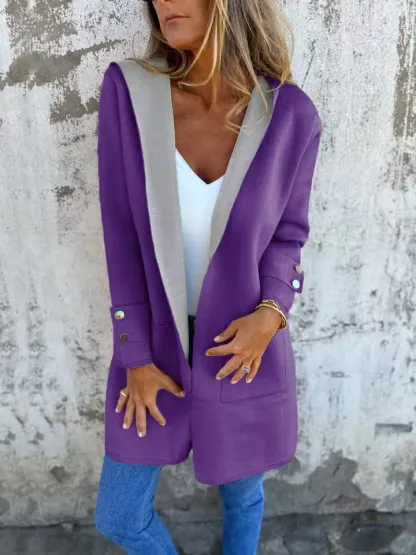 Women's Color Block Open Front Hooded Coat