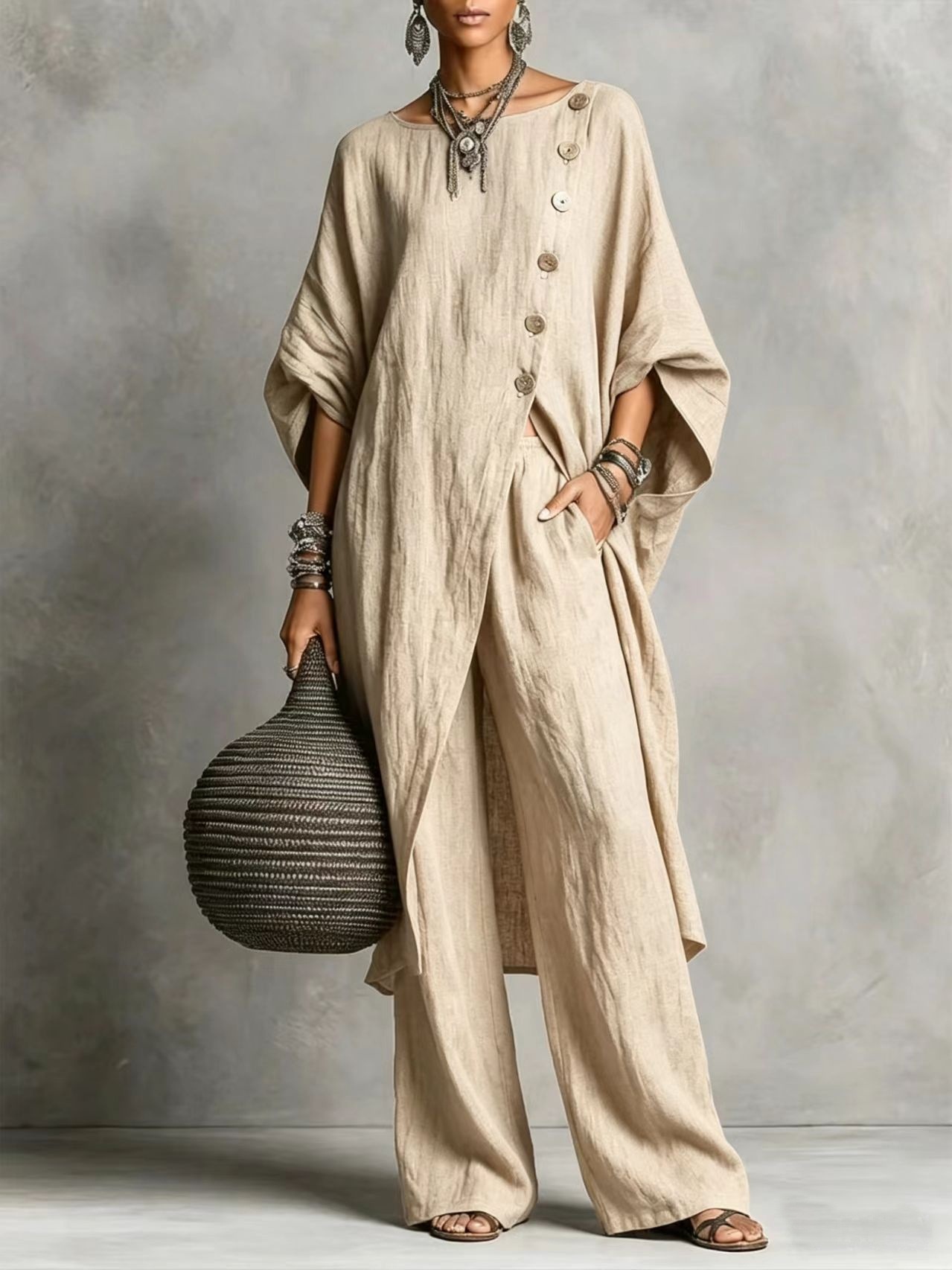 [Copy]Women's Geometric Print Crew Neck Short-Sleeve Cotton-Linen Top & High-Waisted Loose-Fit A-Line Skirt Set