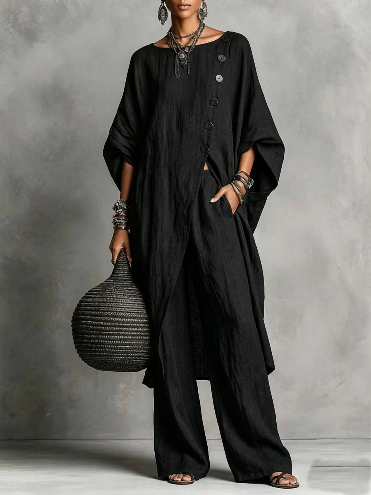[Copy]Women's Geometric Print Crew Neck Short-Sleeve Cotton-Linen Top & High-Waisted Loose-Fit A-Line Skirt Set