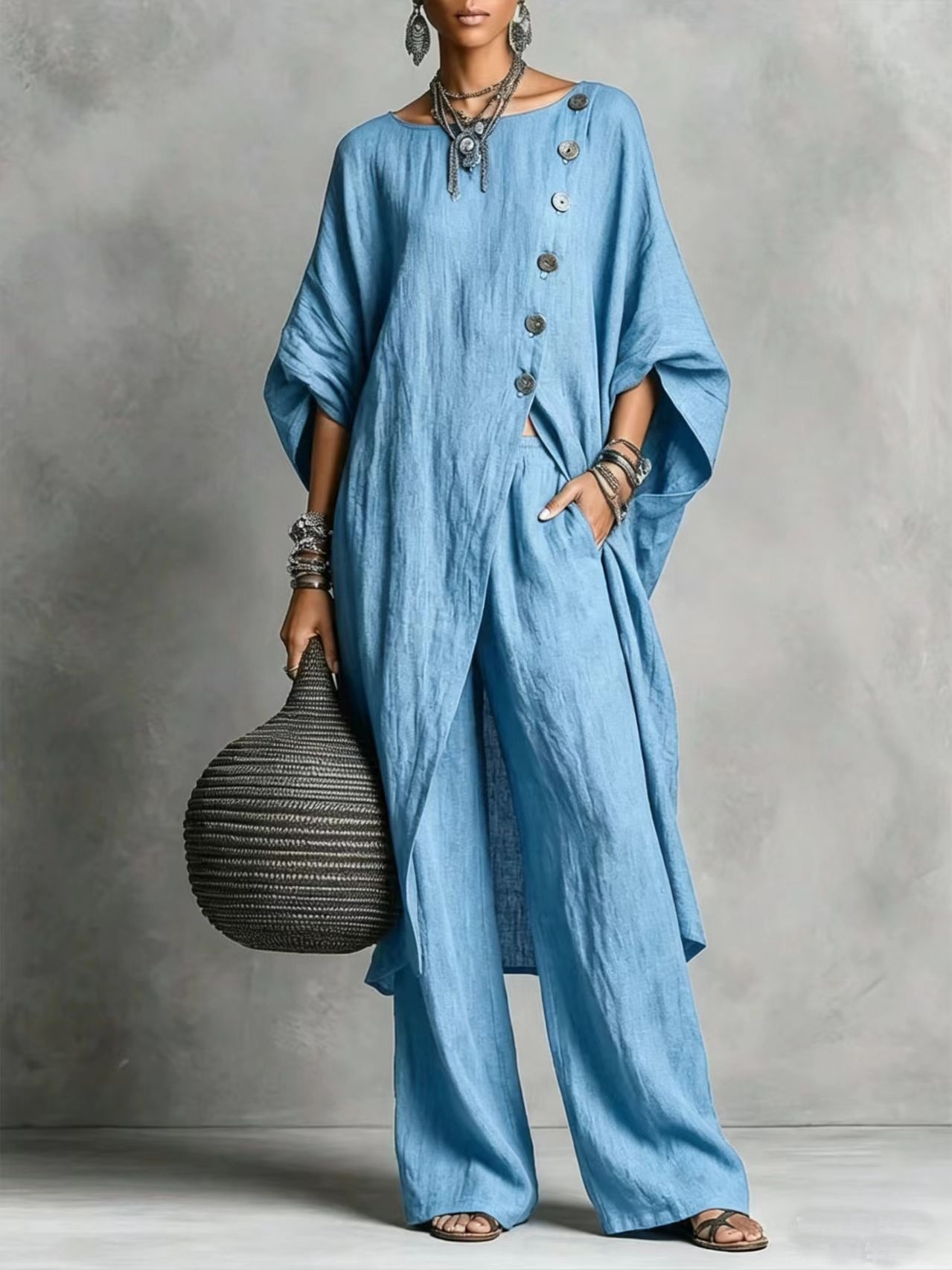 [Copy]Women's Geometric Print Crew Neck Short-Sleeve Cotton-Linen Top & High-Waisted Loose-Fit A-Line Skirt Set