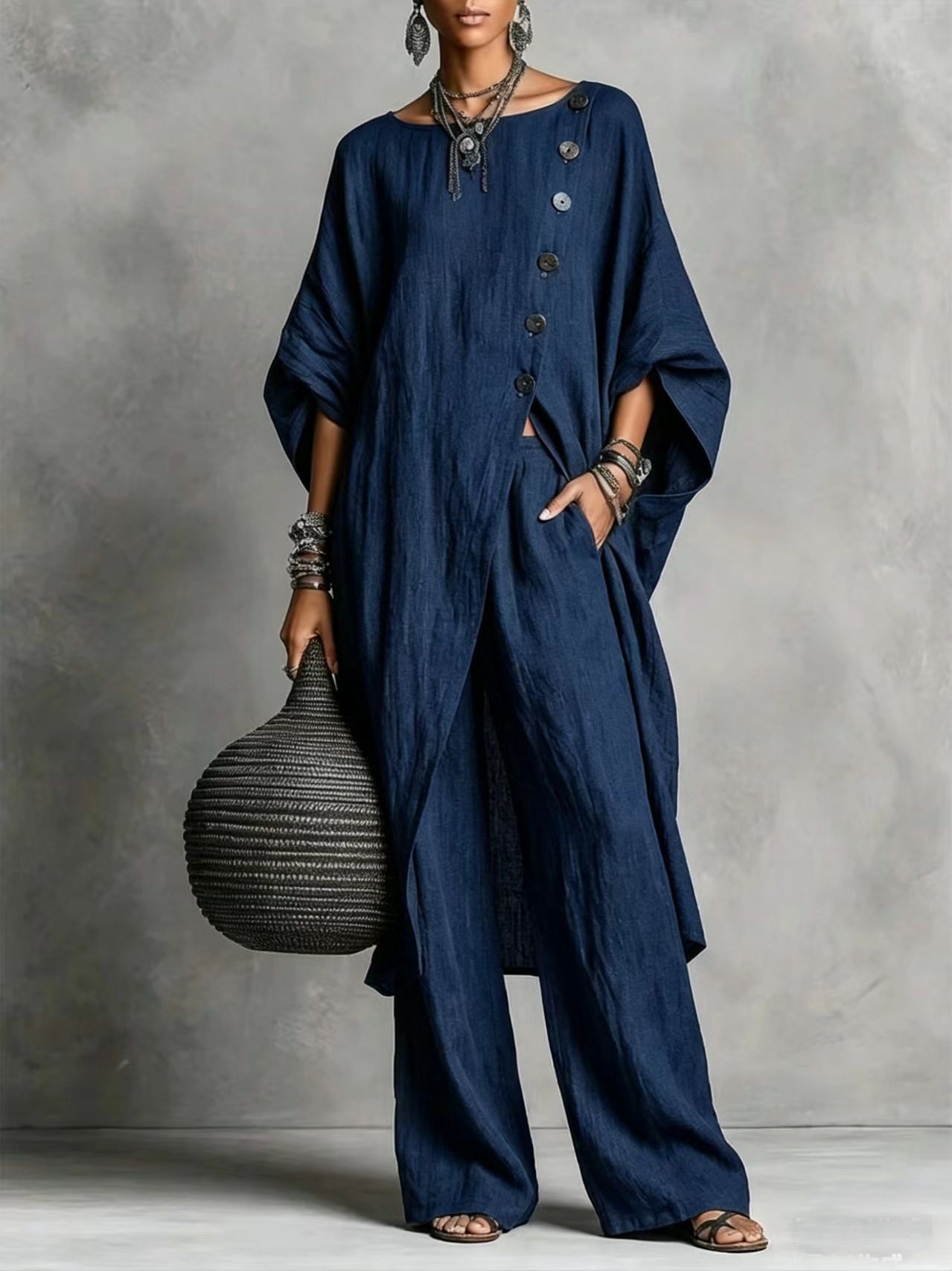 [Copy]Women's Geometric Print Crew Neck Short-Sleeve Cotton-Linen Top & High-Waisted Loose-Fit A-Line Skirt Set