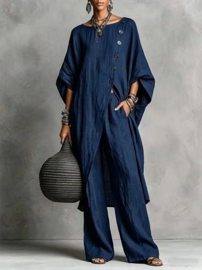 [Copy]Women's Geometric Print Crew Neck Short-Sleeve Cotton-Linen Top & High-Waisted Loose-Fit A-Line Skirt Set