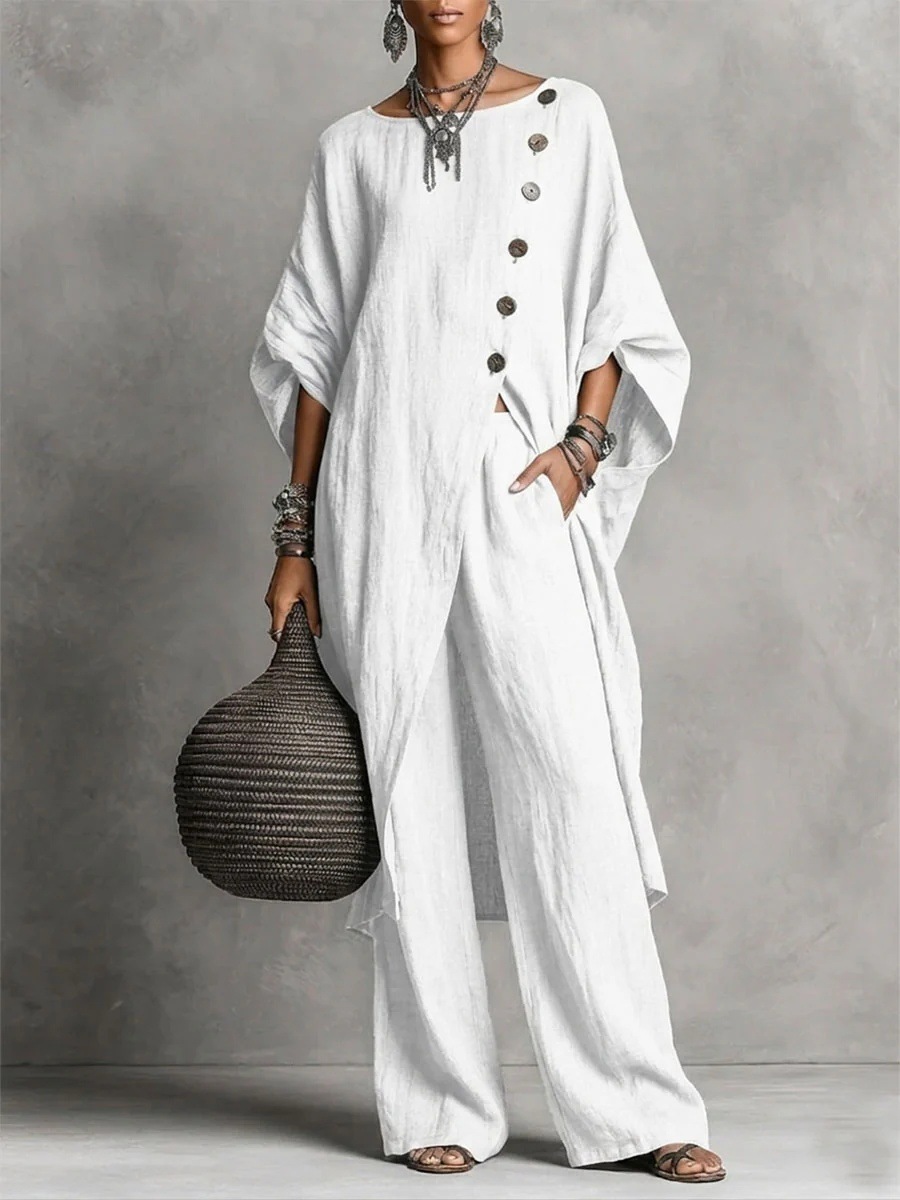 [Copy]Women's Geometric Print Crew Neck Short-Sleeve Cotton-Linen Top & High-Waisted Loose-Fit A-Line Skirt Set