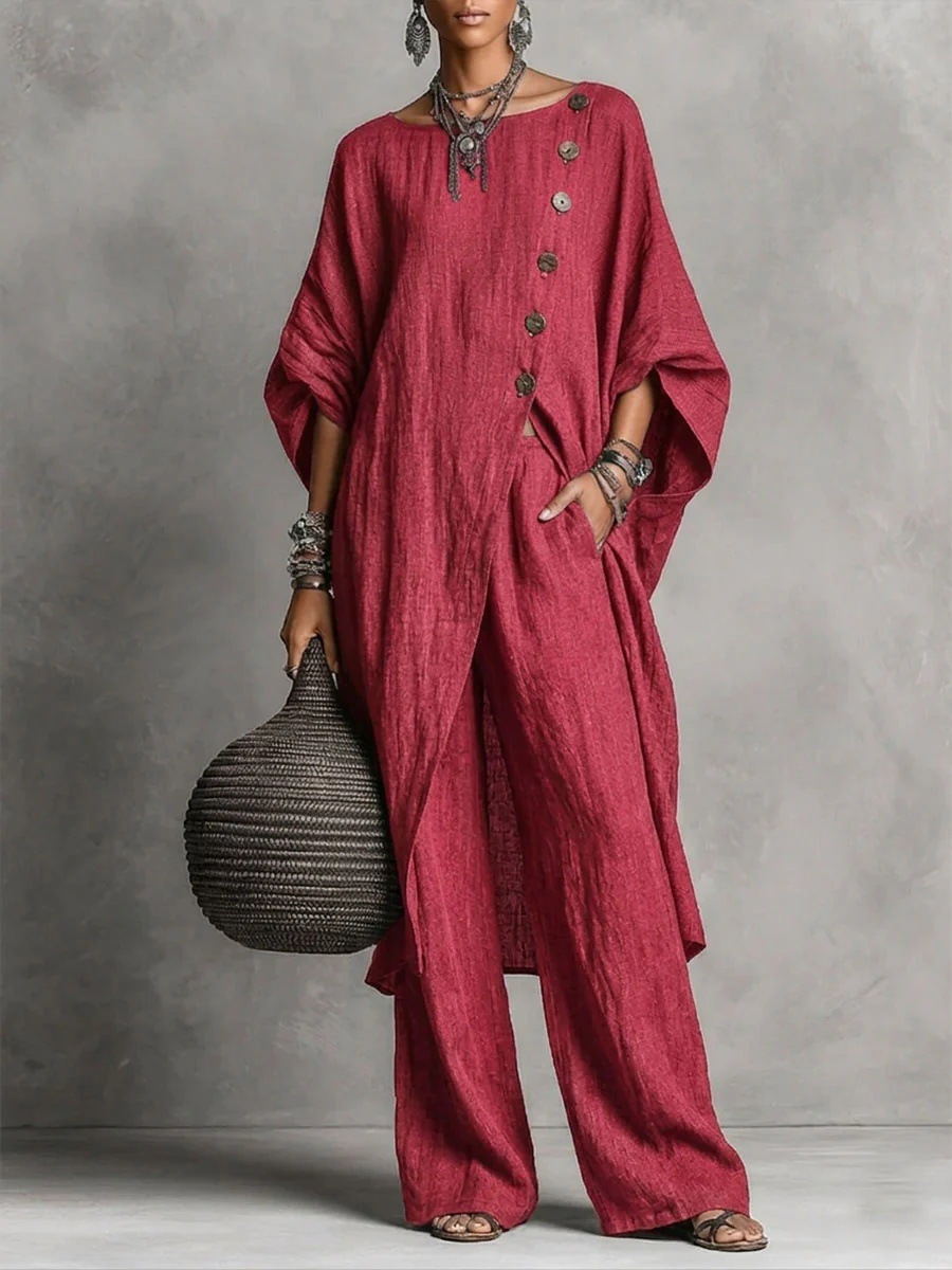 [Copy]Women's Geometric Print Crew Neck Short-Sleeve Cotton-Linen Top & High-Waisted Loose-Fit A-Line Skirt Set