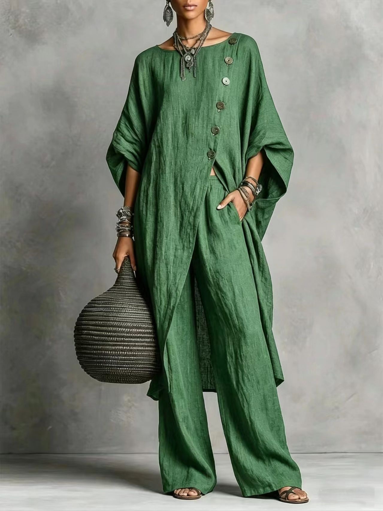 [Copy]Women's Geometric Print Crew Neck Short-Sleeve Cotton-Linen Top & High-Waisted Loose-Fit A-Line Skirt Set