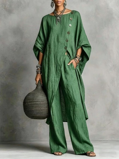 [Copy]Women's Geometric Print Crew Neck Short-Sleeve Cotton-Linen Top & High-Waisted Loose-Fit A-Line Skirt Set