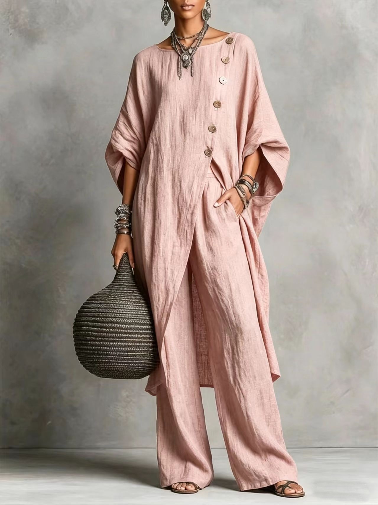 [Copy]Women's Geometric Print Crew Neck Short-Sleeve Cotton-Linen Top & High-Waisted Loose-Fit A-Line Skirt Set
