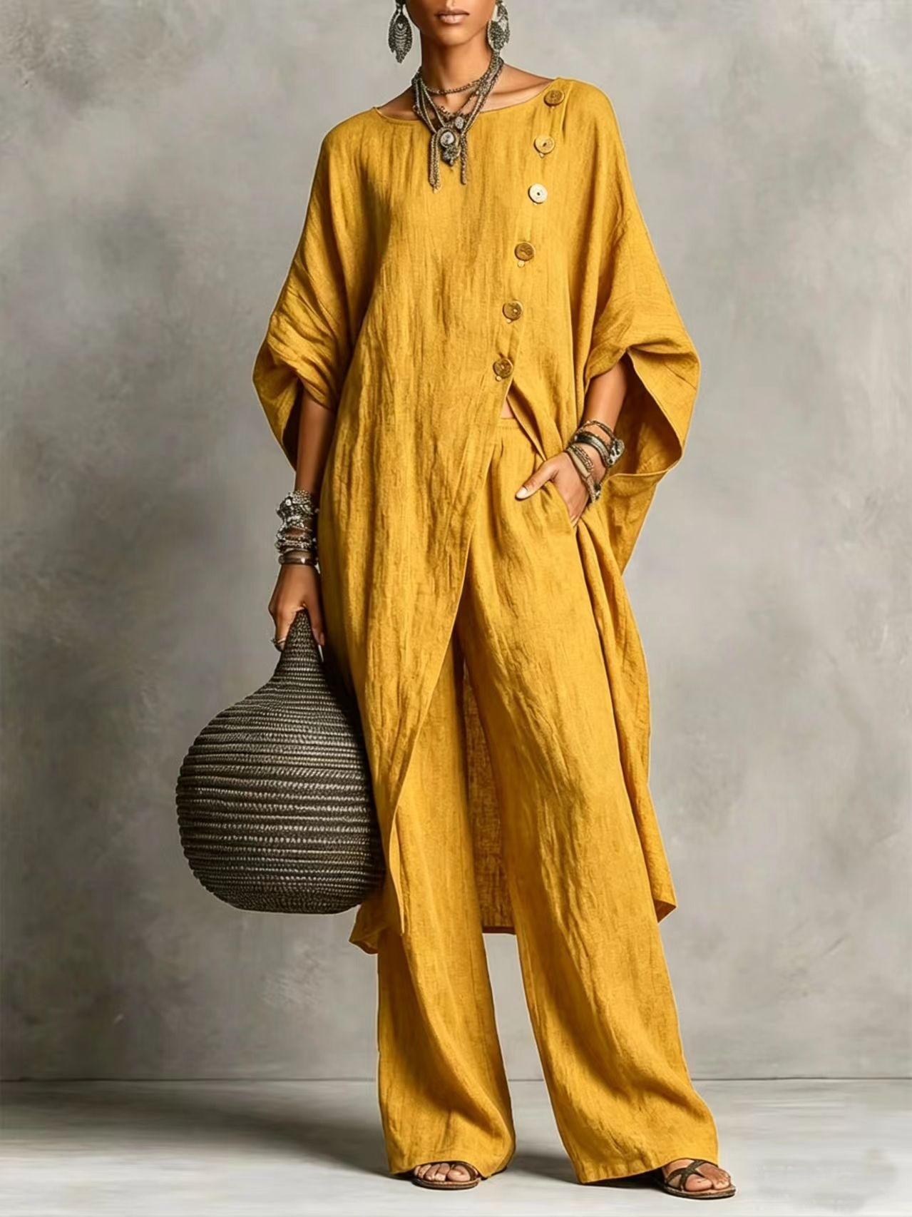 [Copy]Women's Geometric Print Crew Neck Short-Sleeve Cotton-Linen Top & High-Waisted Loose-Fit A-Line Skirt Set