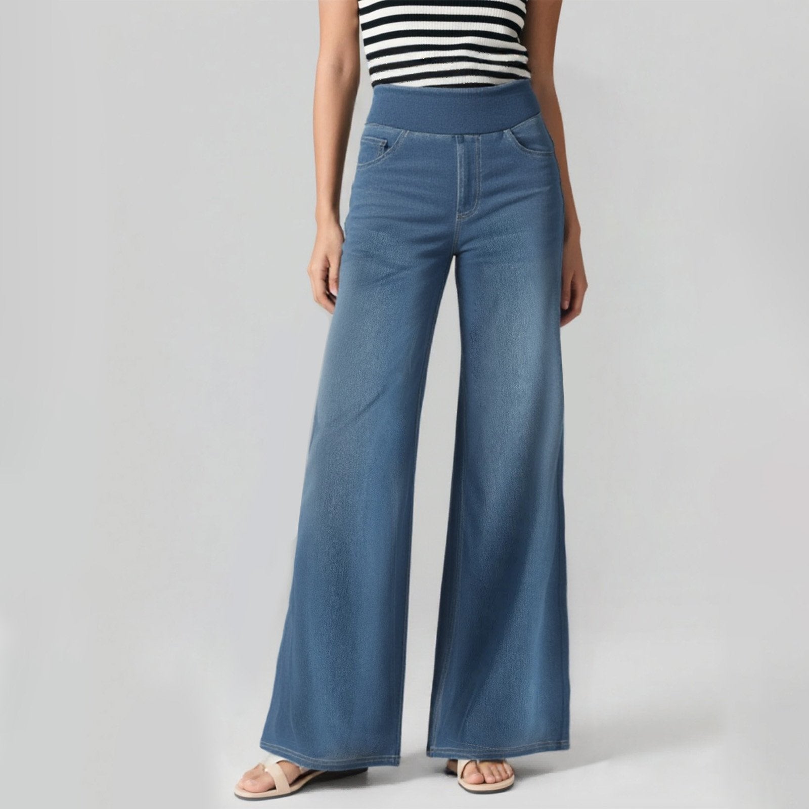 💥Discount Sale 55% Off🔥Women's High-Waisted Washed Baggy Wide-Leg Stretchy Knit Jeans with Multiple Pockets
