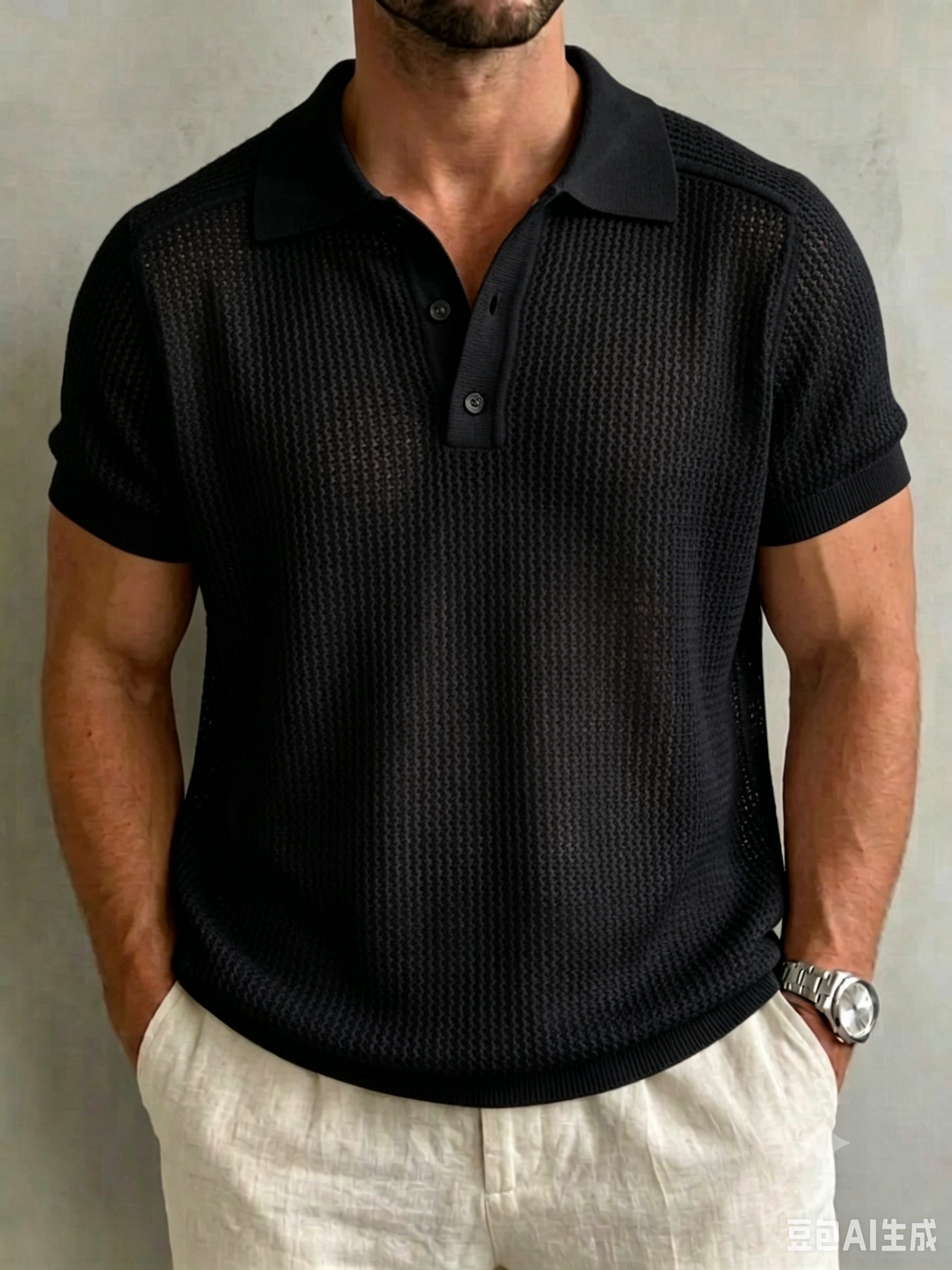 Men’s Openwork Knit Button-Down Set-in Sleeve Polo Shirt