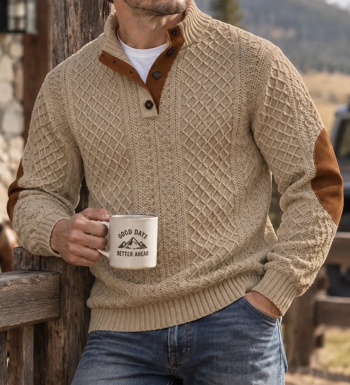 MIVANITY Highland Heritage Knit Henley Sweater Rugged Outdoor Style With Timeless Comfort
