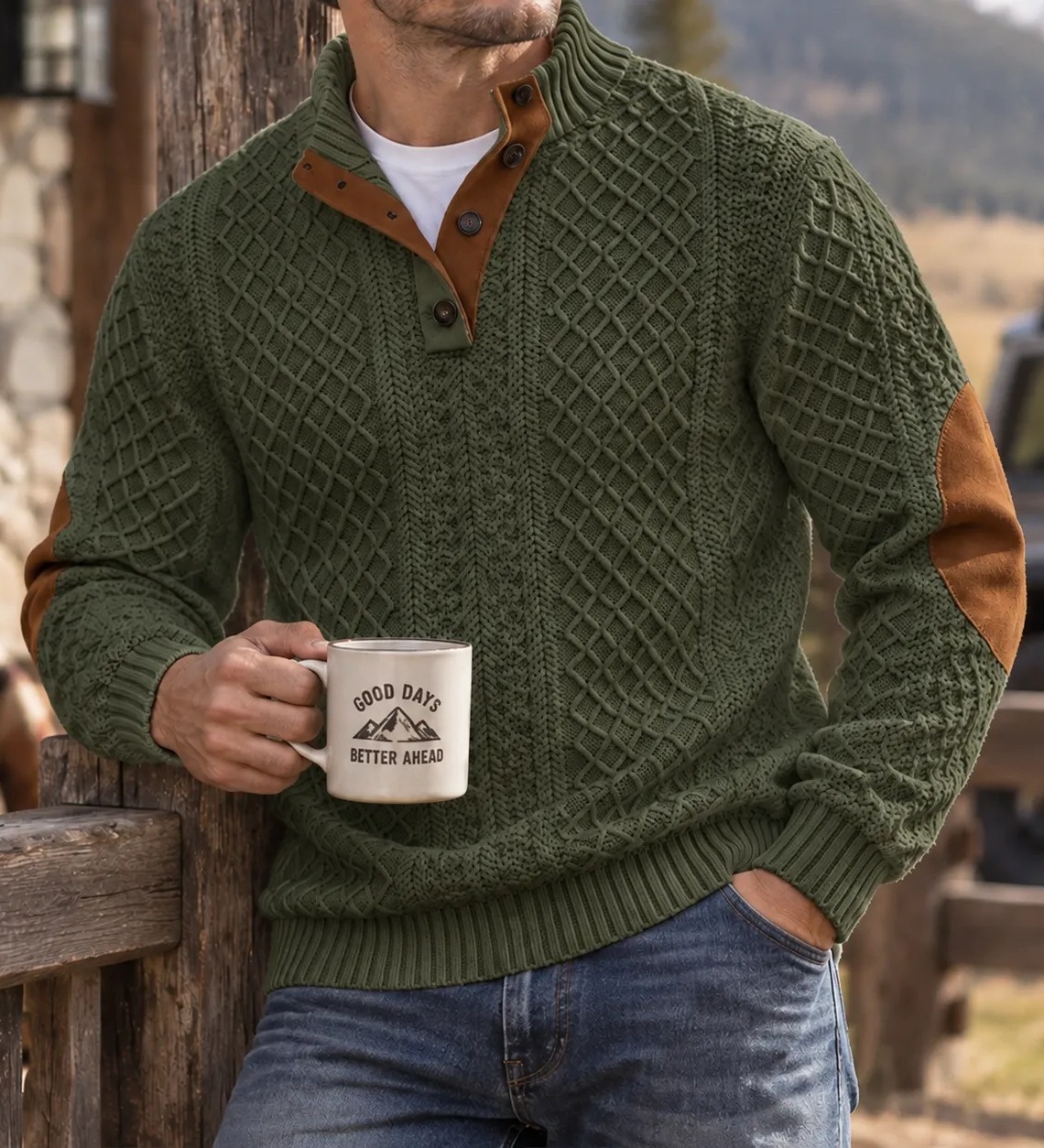 MIVANITY Highland Heritage Knit Henley Sweater Rugged Outdoor Style With Timeless Comfort