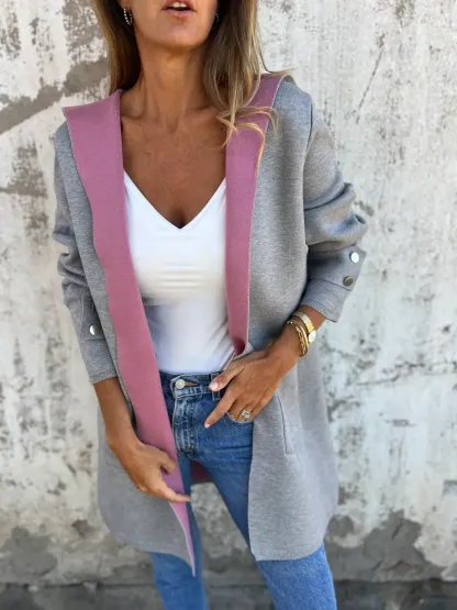 Women's Color Block Open Front Hooded Coat