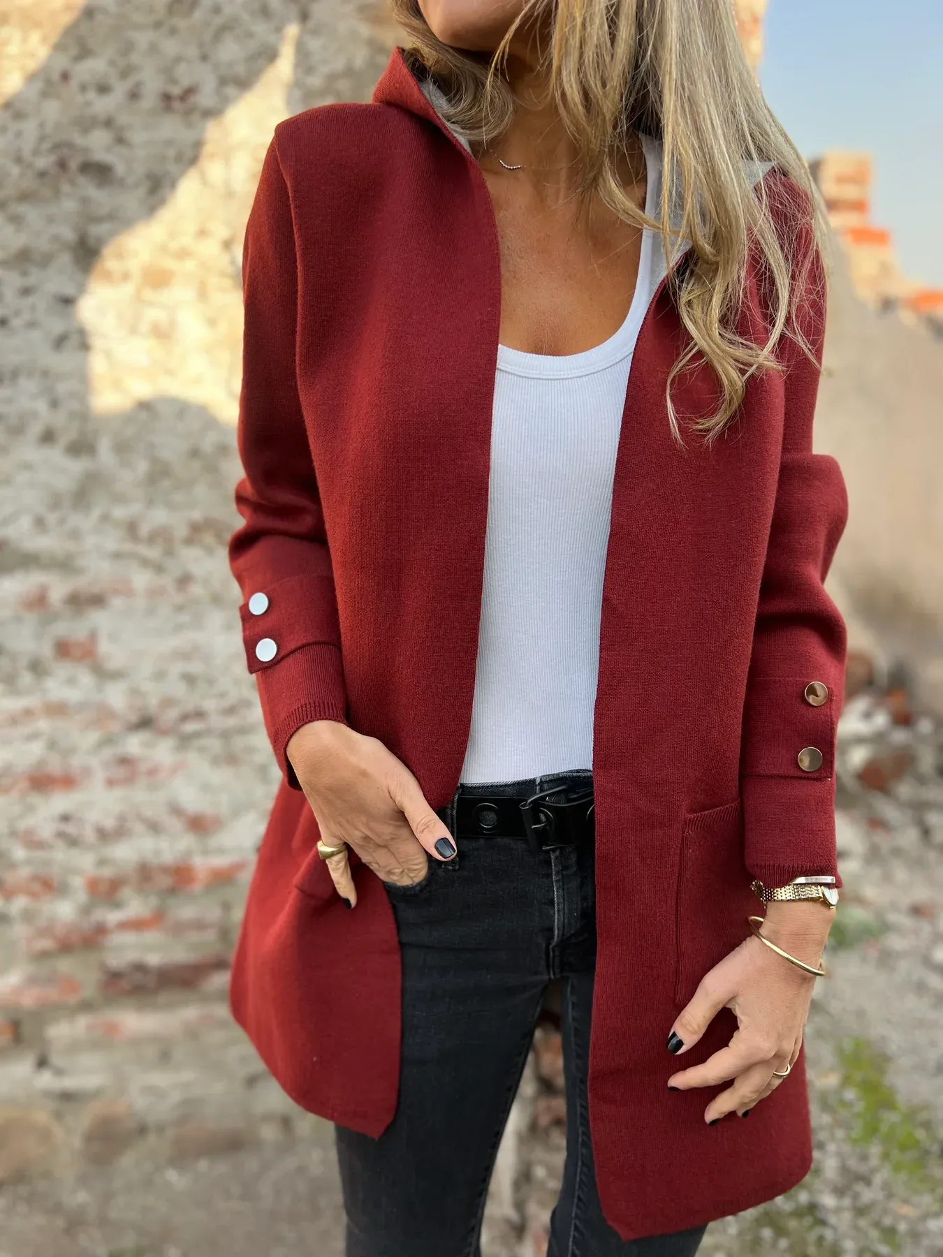 Women's Color Block Open Front Hooded Coat