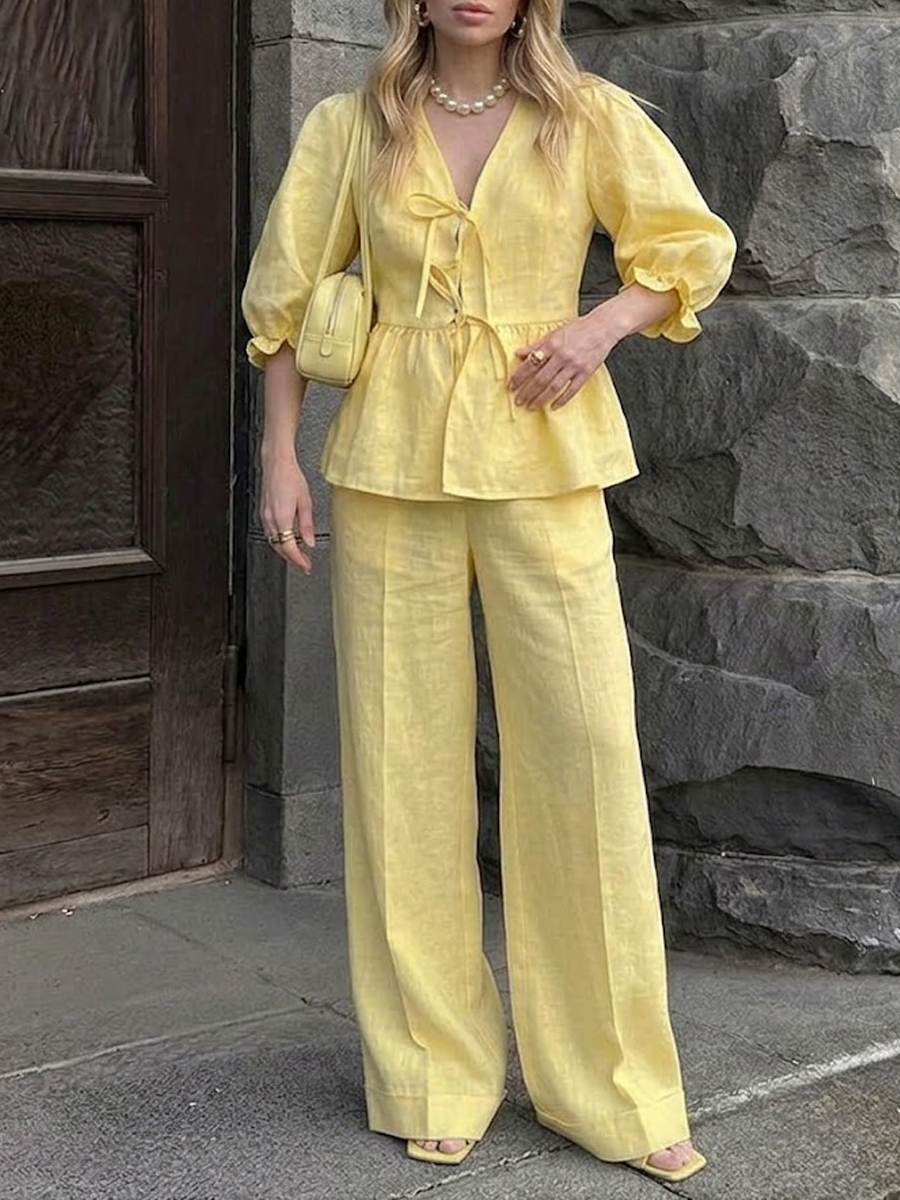 Women’s Pure Linen Lace-Up Top & Wide Leg Pants Set