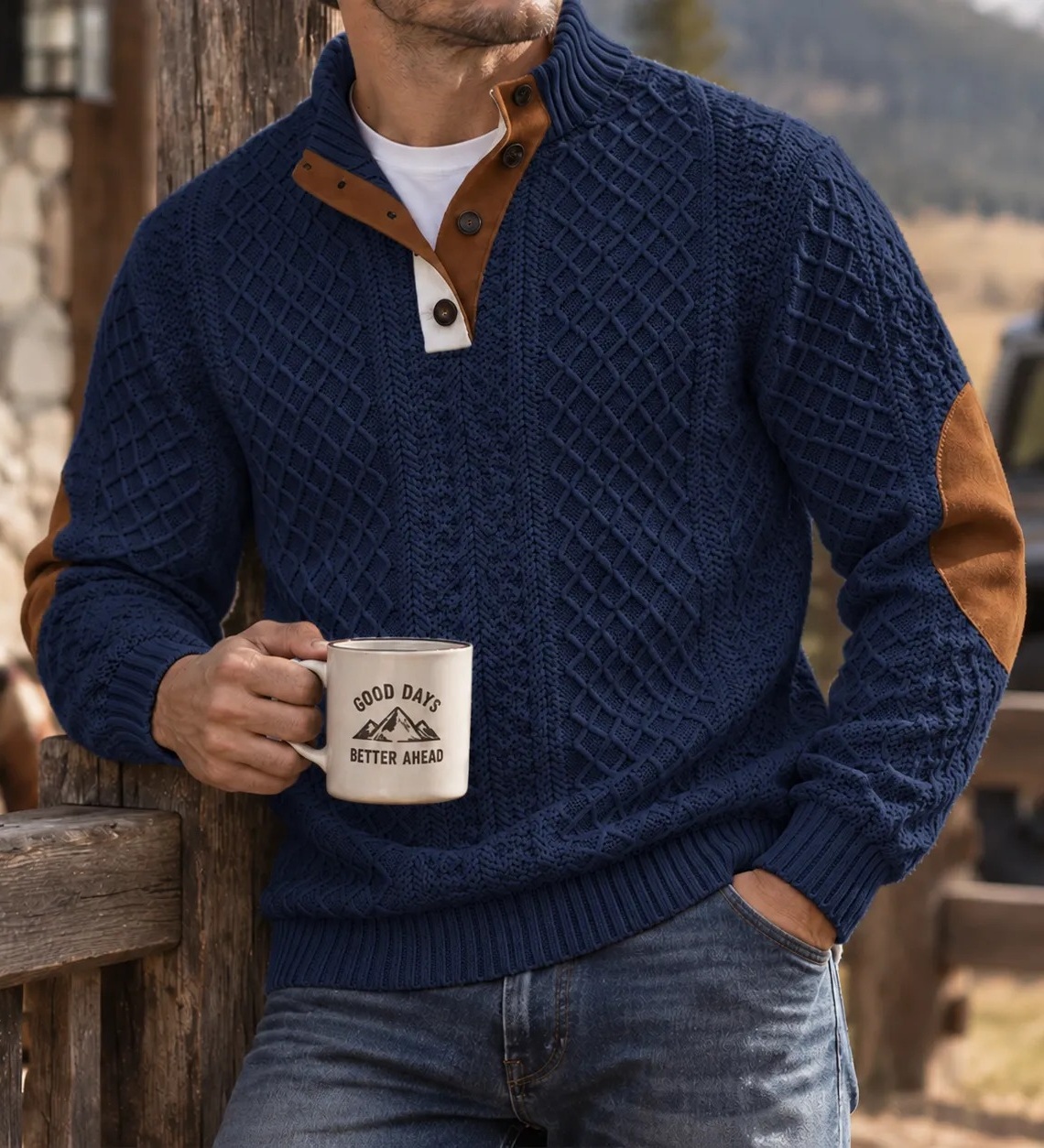 MIVANITY Highland Heritage Knit Henley Sweater Rugged Outdoor Style With Timeless Comfort
