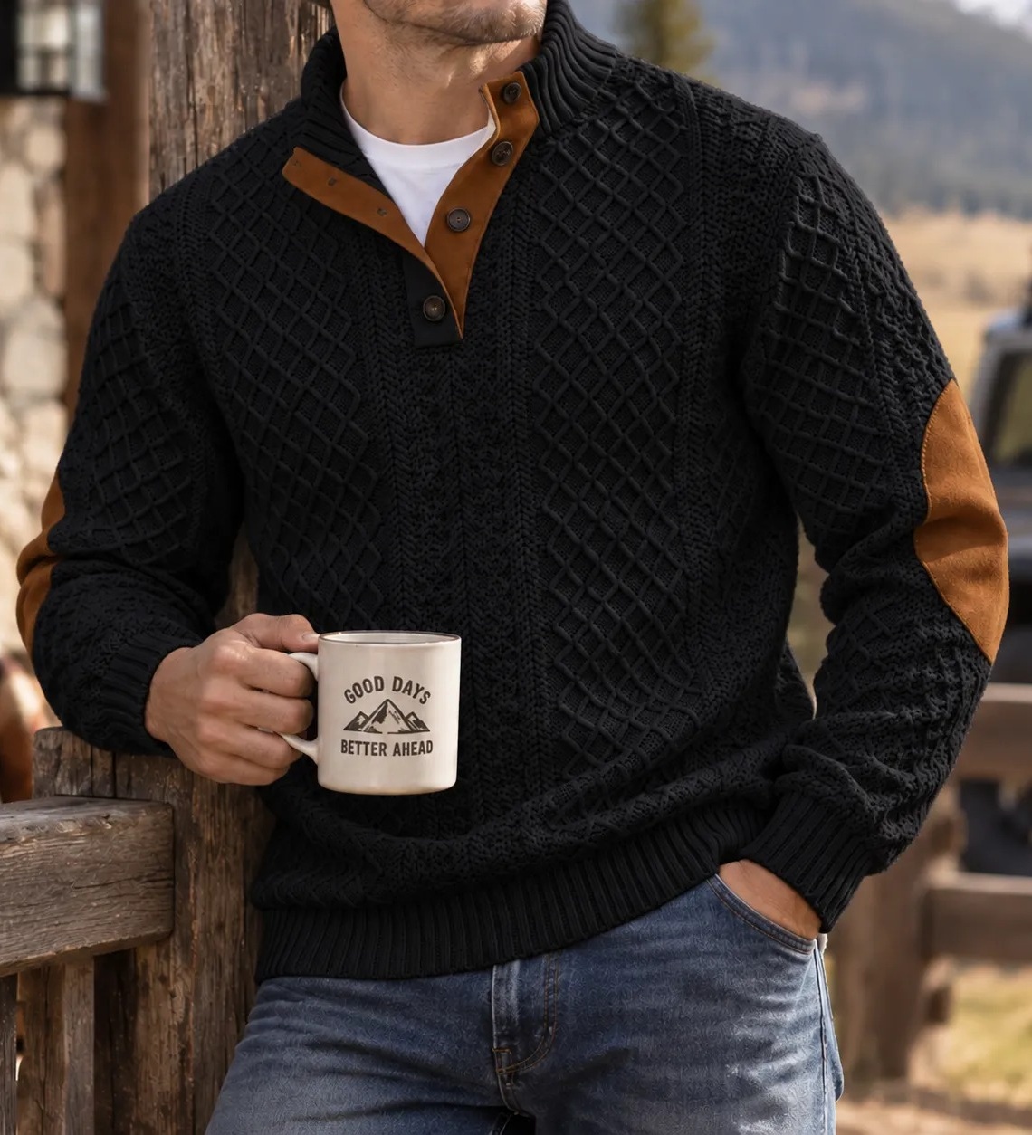 MIVANITY Highland Heritage Knit Henley Sweater Rugged Outdoor Style With Timeless Comfort