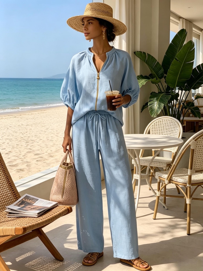 Bohemian Linen Two-Piece Suit, Women's Summer Travel Casual Set