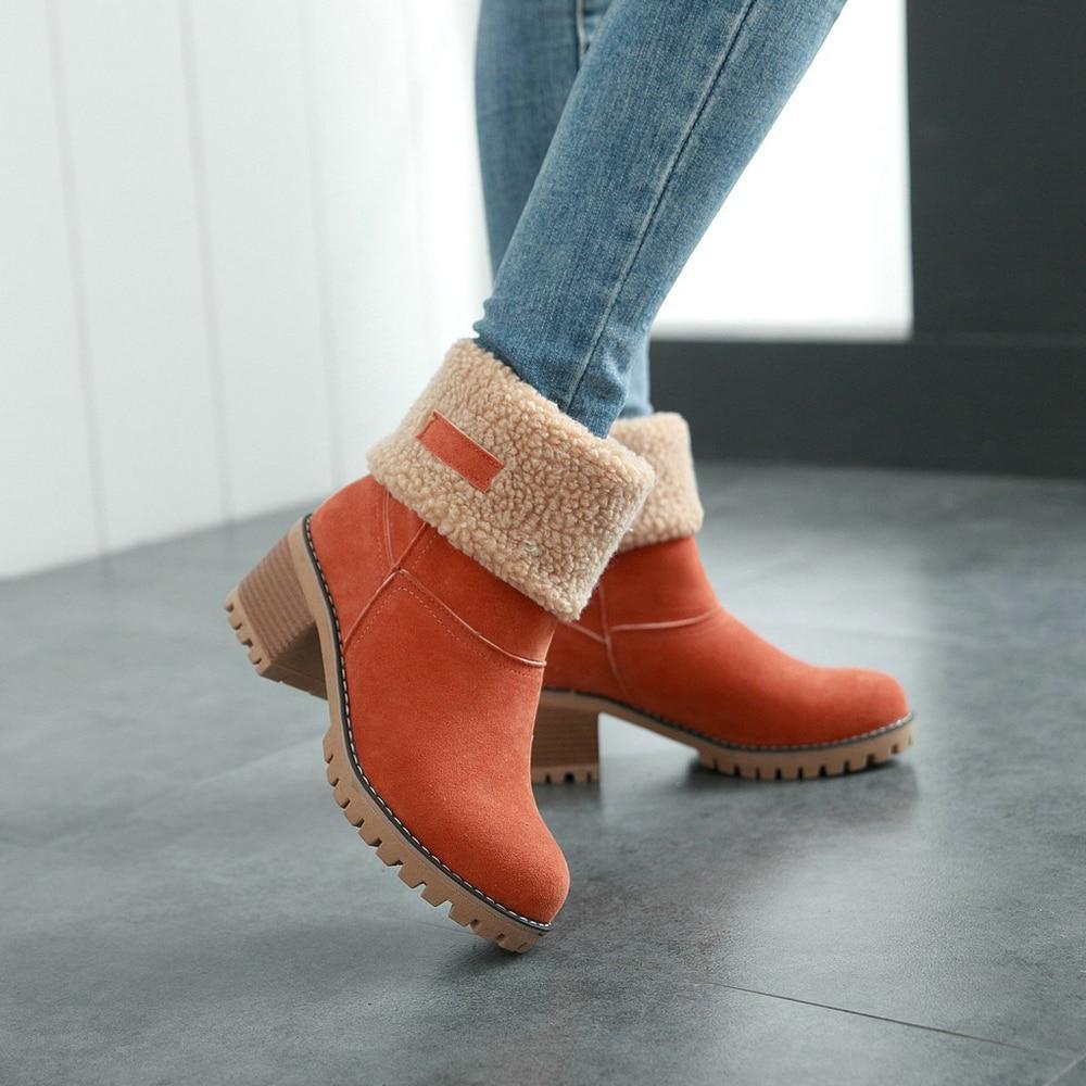 Women's fur lining snow boots block heel non-slip winter boots ankle snow boots