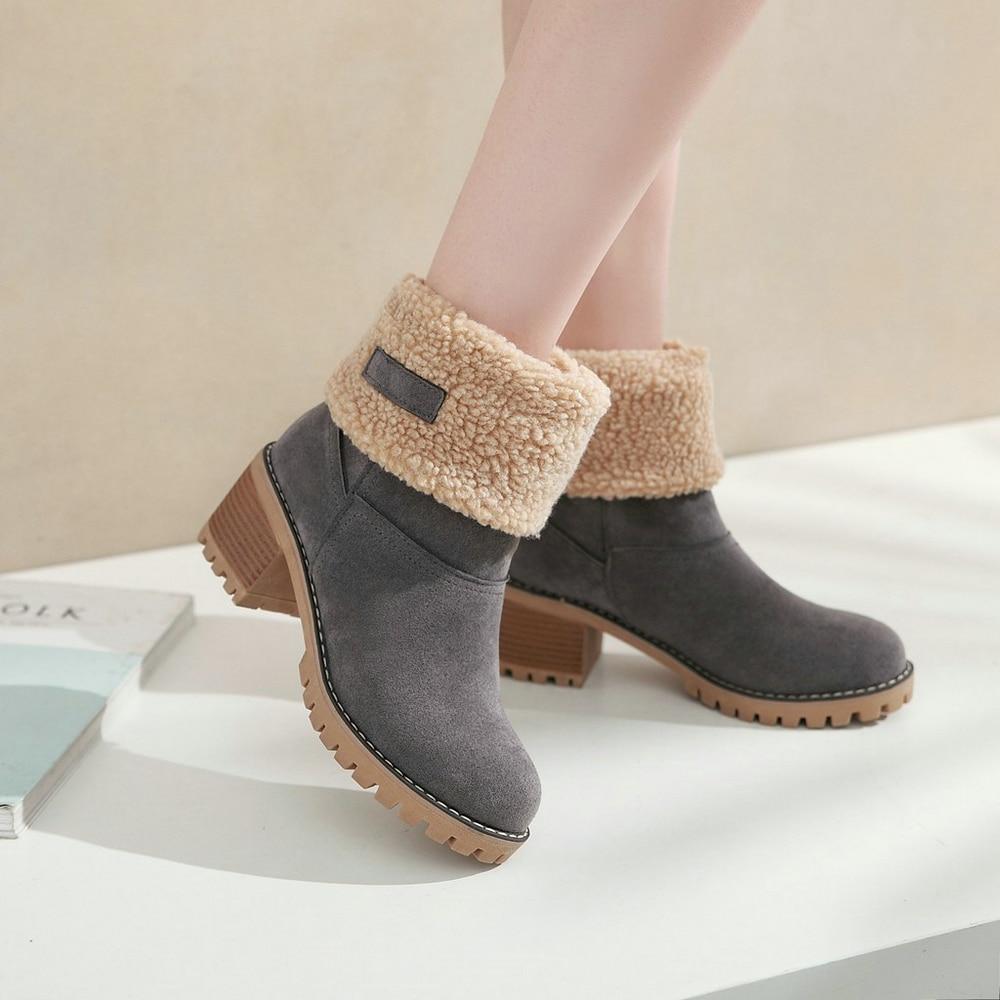 Women's fur lining snow boots block heel non-slip winter boots ankle snow boots