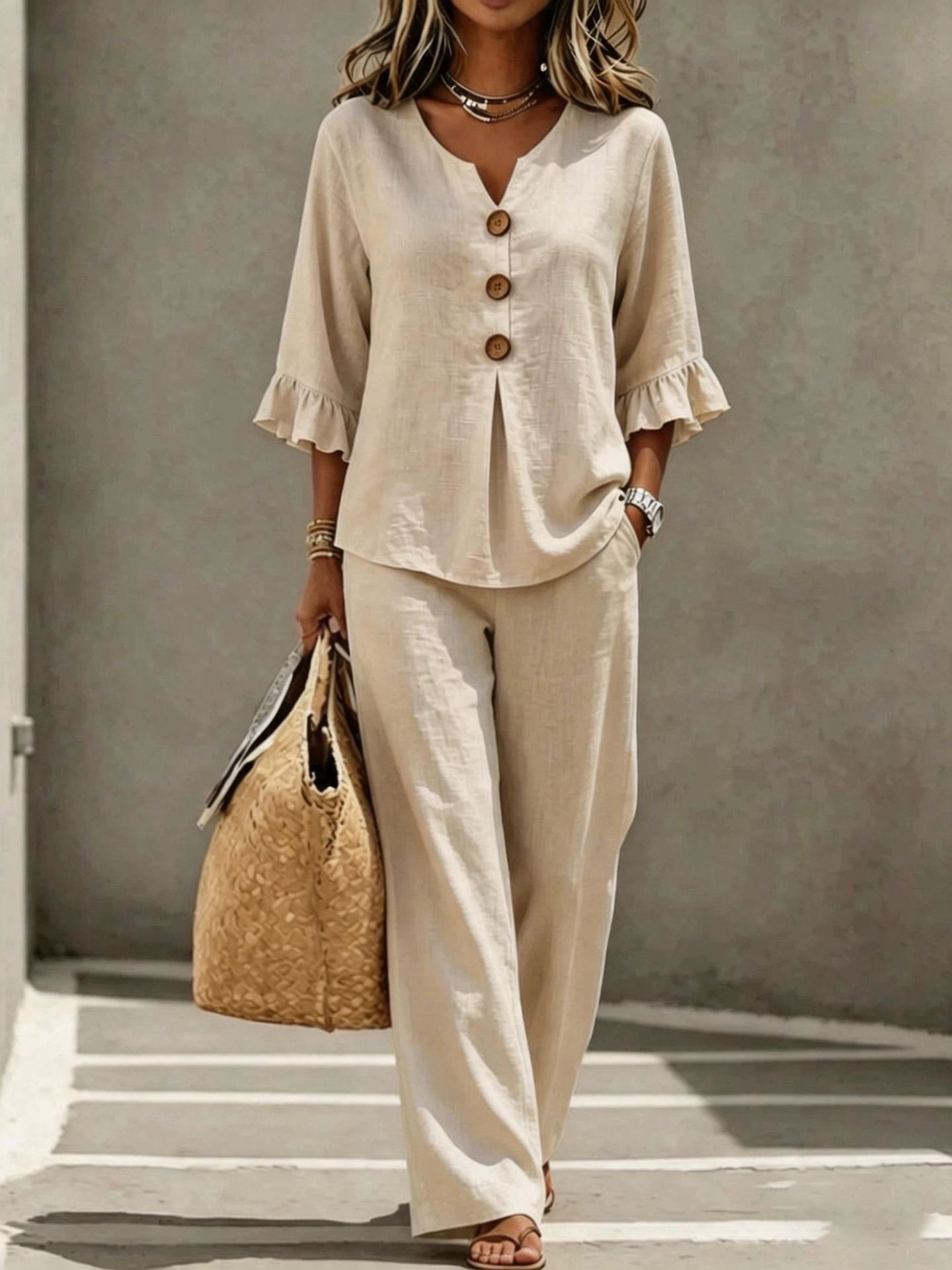 A women's set consisting of a ruffled sleeve top and wide-leg trousers.