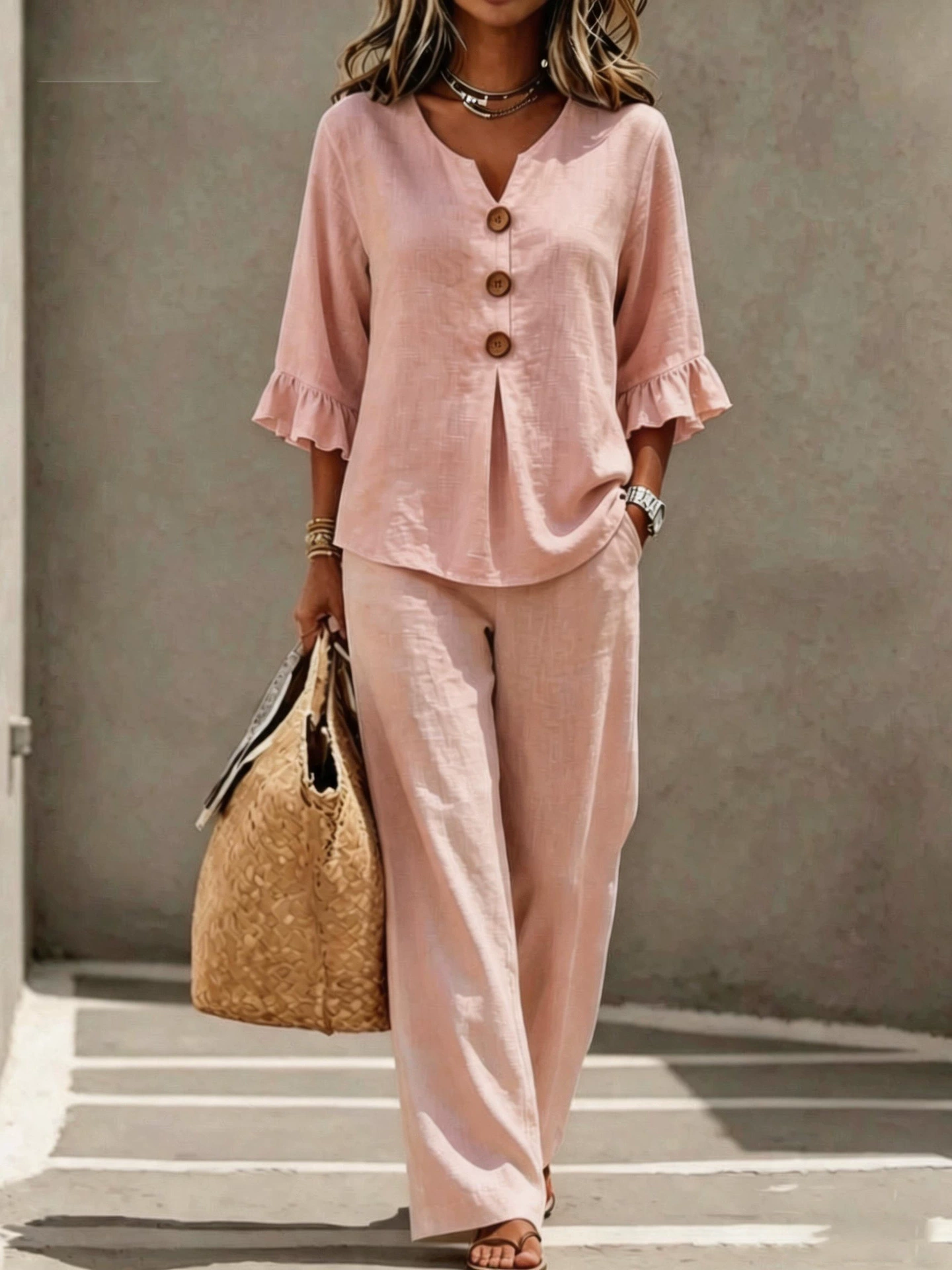 A women's set consisting of a ruffled sleeve top and wide-leg trousers.