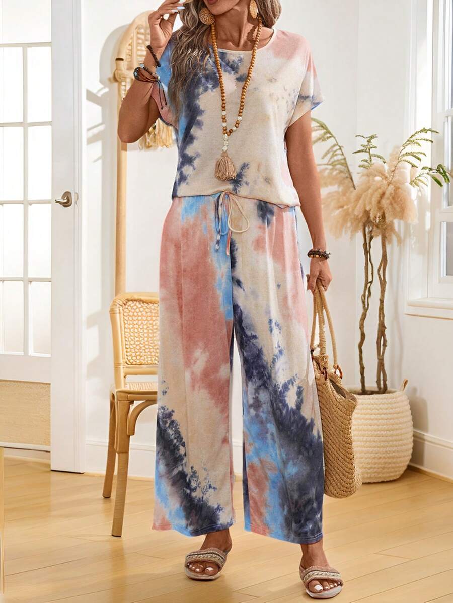 EMERY ROSE Women's Summer Tie Dye Printed Crew Neck Short Sleeve Top And Pants