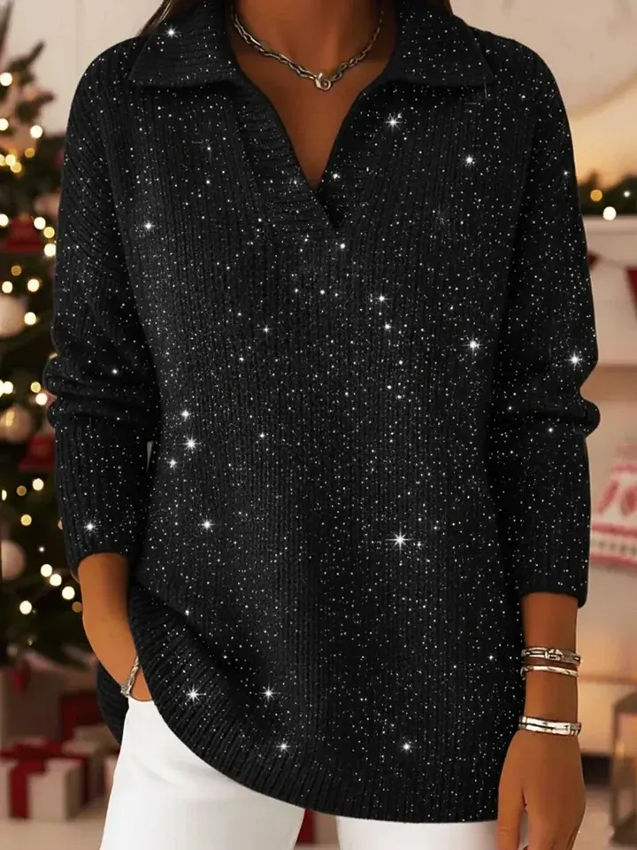 🎄 New Arrivals🔥 Christmas Party Polo Collar Shiny Loose Sweater Top