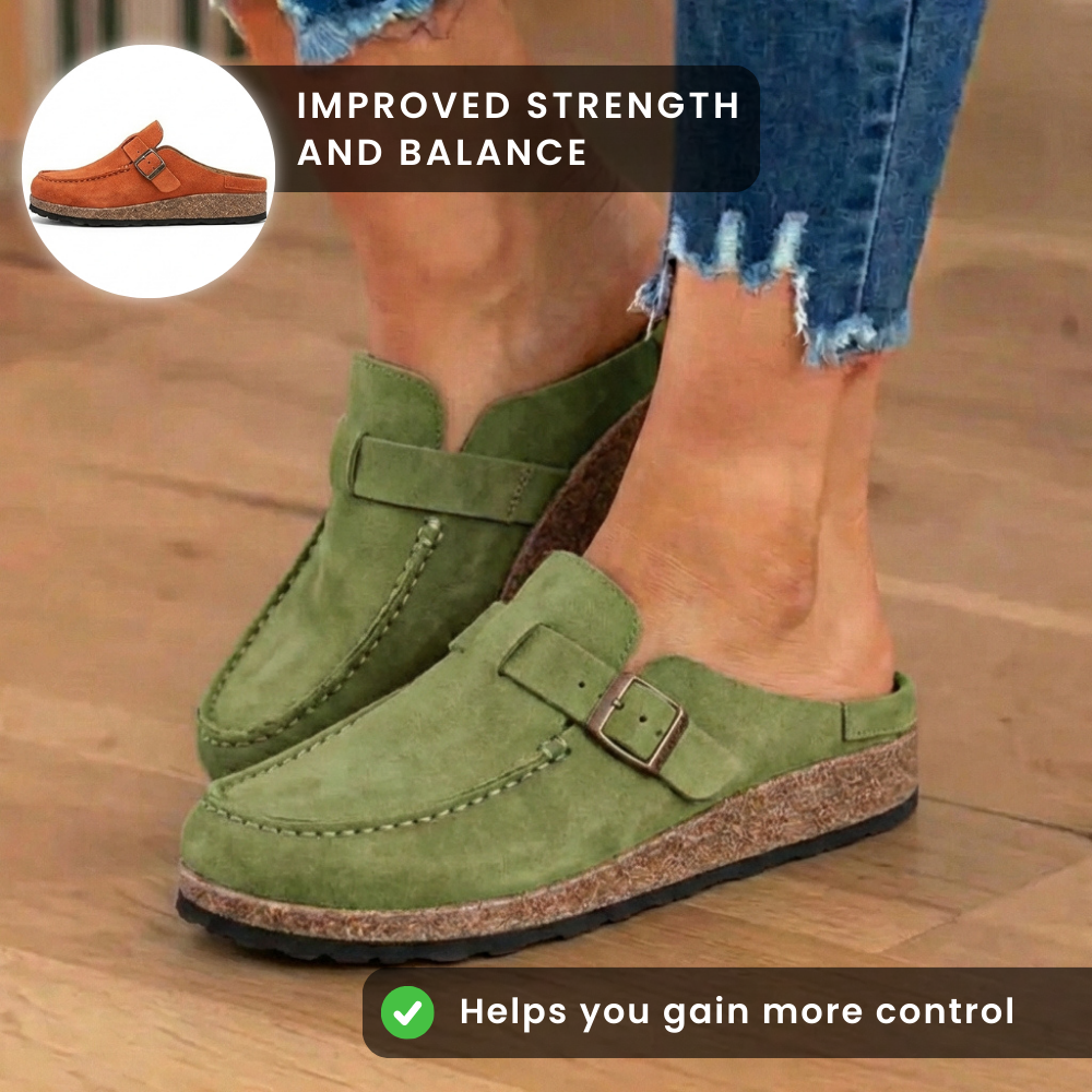 Orthopedic Suede Buckle Mules - Contrast Stitch Detail