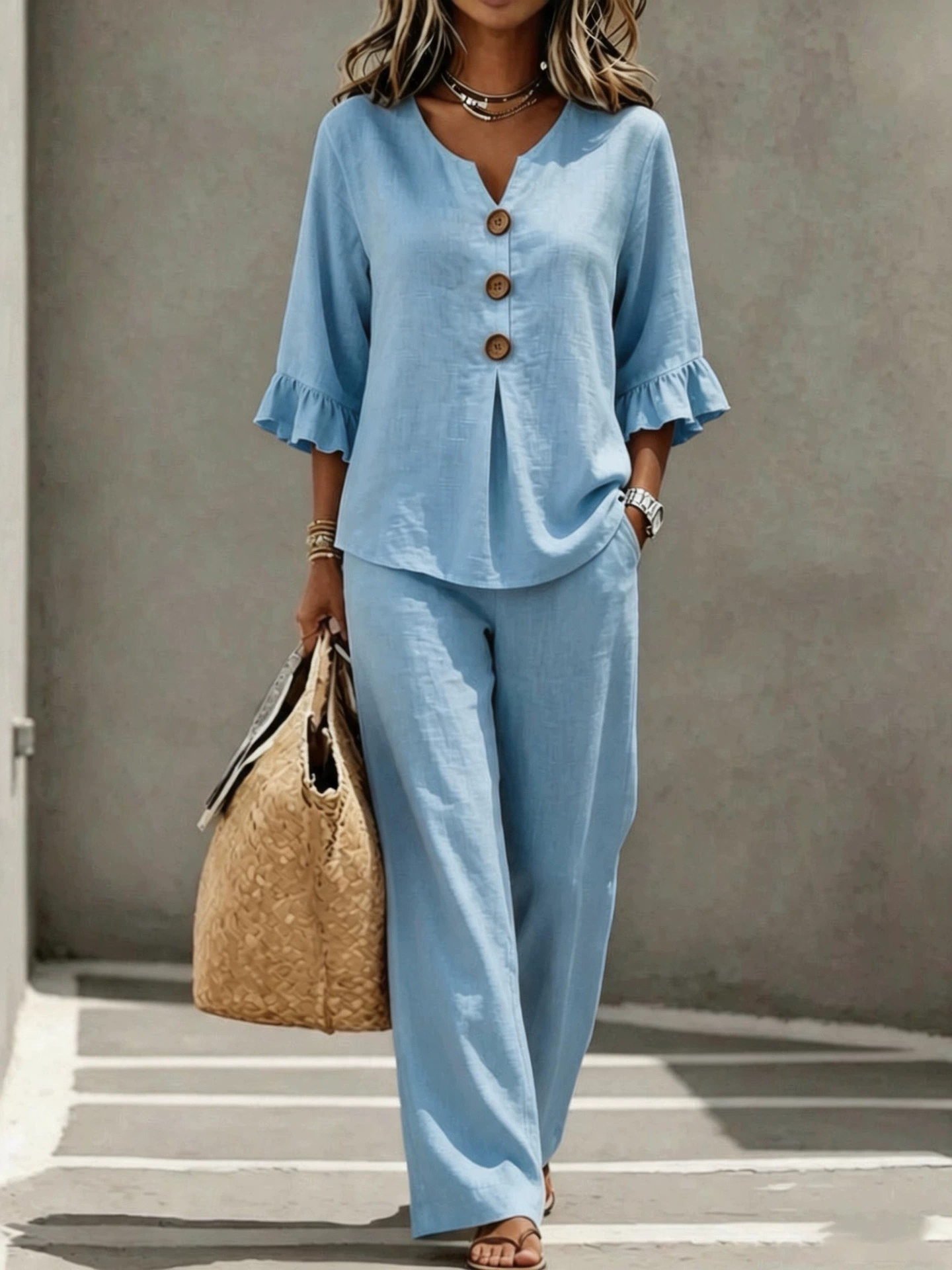 A women's set consisting of a ruffled sleeve top and wide-leg trousers.