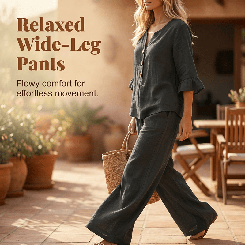 A women's set consisting of a ruffled sleeve top and wide-leg trousers.