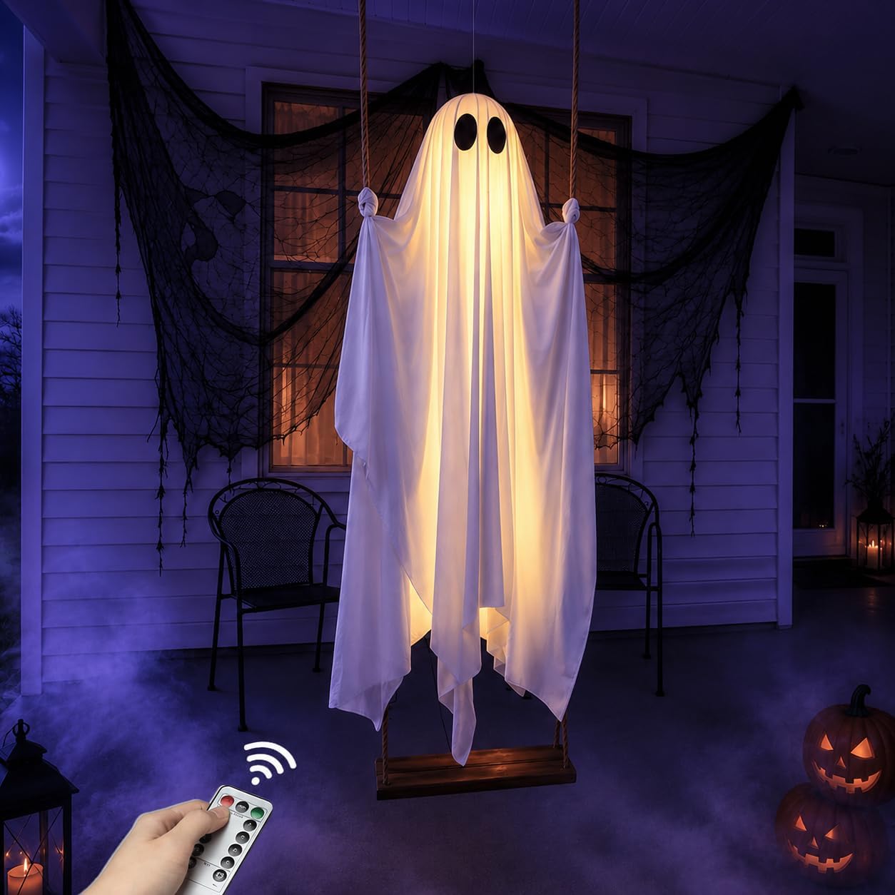 🎃5FT Hanging Swing Ghost Halloween Decor With Remote Lights | Suitable for Yard & Porch 👻✨