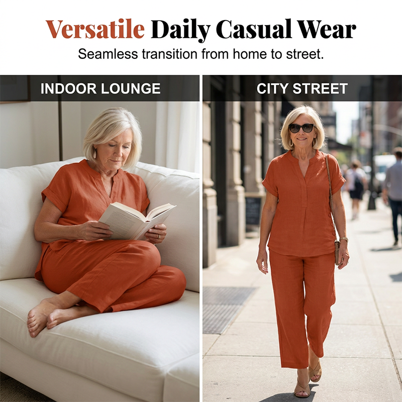 Women's summer set, with short sleeves, in solid colors and a loose fit (blouse with pockets)
