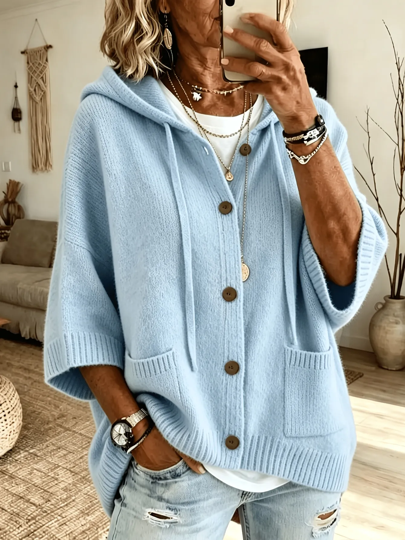Women's Blue Button Up Cardigan Sweater Casual Long Sleeve Hooded Knit Pullover with Pockets