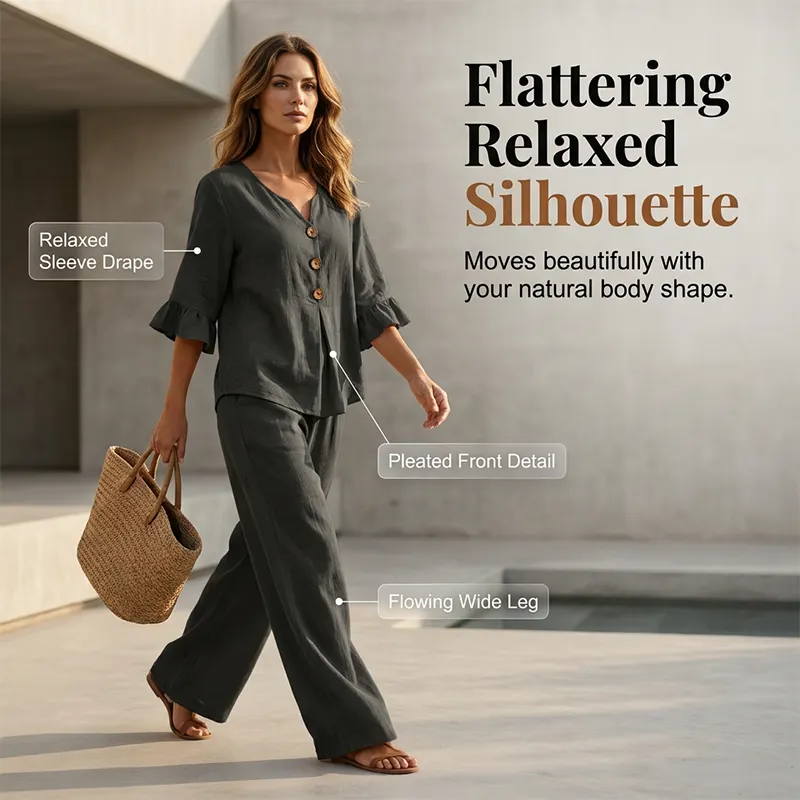 A women's set consisting of a ruffled sleeve top and wide-leg trousers.