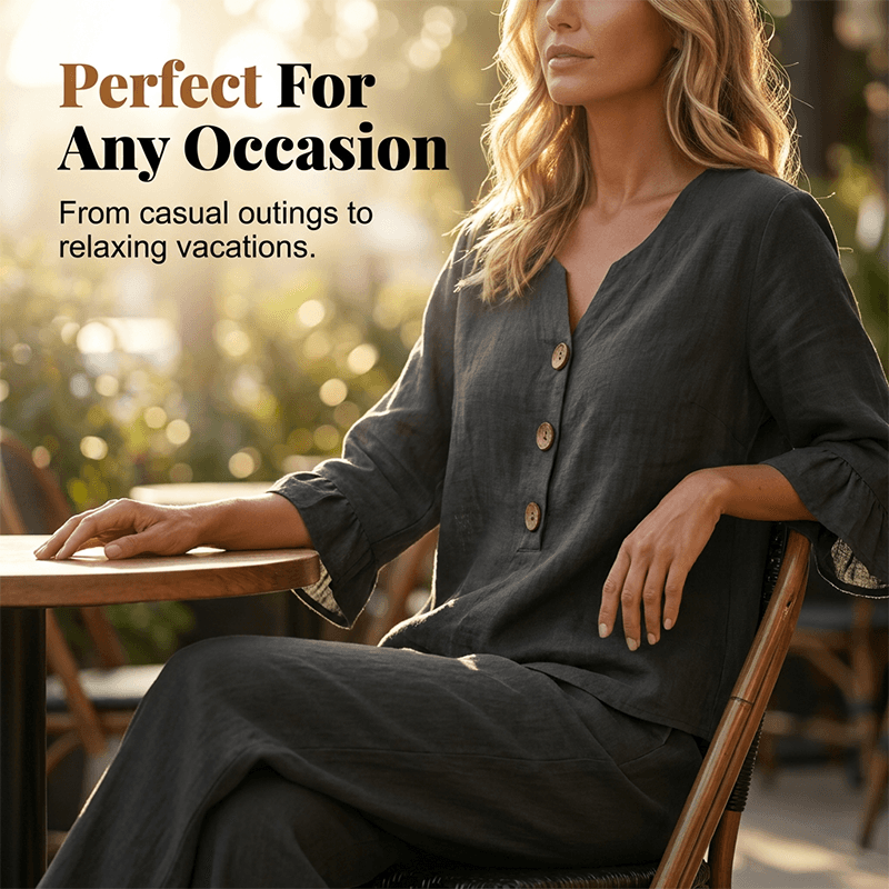 A women's set consisting of a ruffled sleeve top and wide-leg trousers.