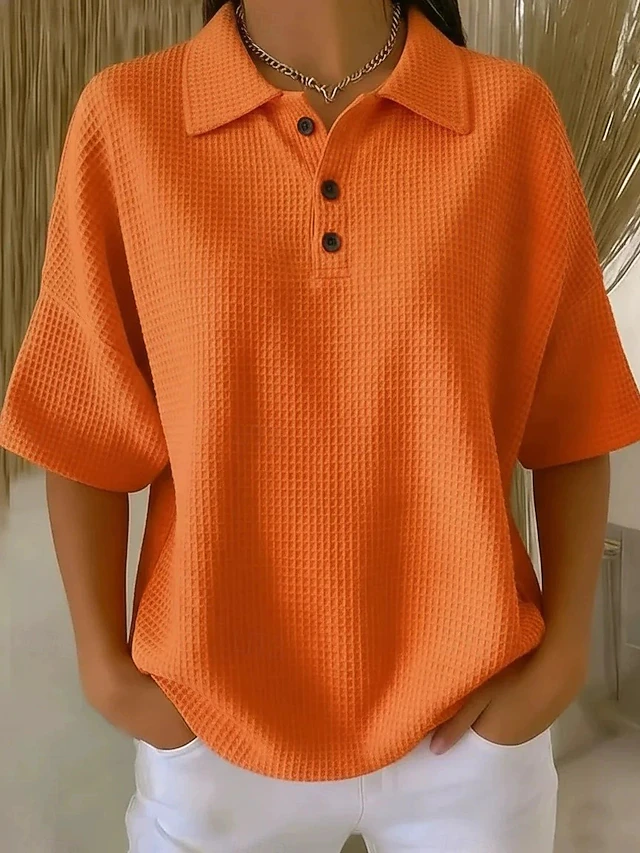 Women's Waffle Shirt Solid Color Elegant Active Vacation Half Sleeve V Neck Long Tops Daily Outdoor Streetwear