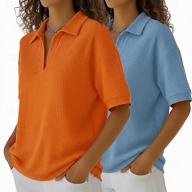 Multi Packs 2pcs Women's Waffle T-shirt Polo Shirts Tee Waffle Knit Tops Plain Fashion Basic Classic Short Sleeve Shirt Collar Regular Tops Casual Daily Beach Yellow+Orange