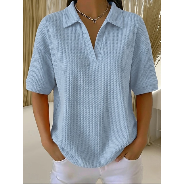 Multi Packs 2pcs Women's Waffle T-shirt Polo Shirts Tee Waffle Knit Tops Plain Fashion Basic Classic Short Sleeve Shirt Collar Regular Tops Casual Daily Beach Yellow+Orange