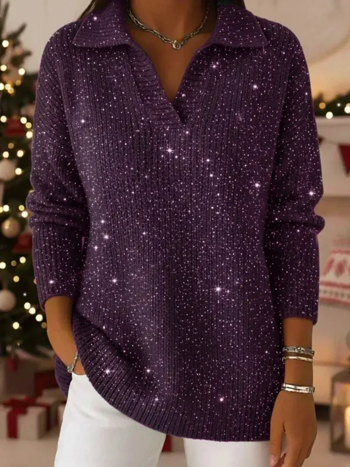 🎄 New Arrivals🔥 Christmas Party Polo Collar Shiny Loose Sweater Top