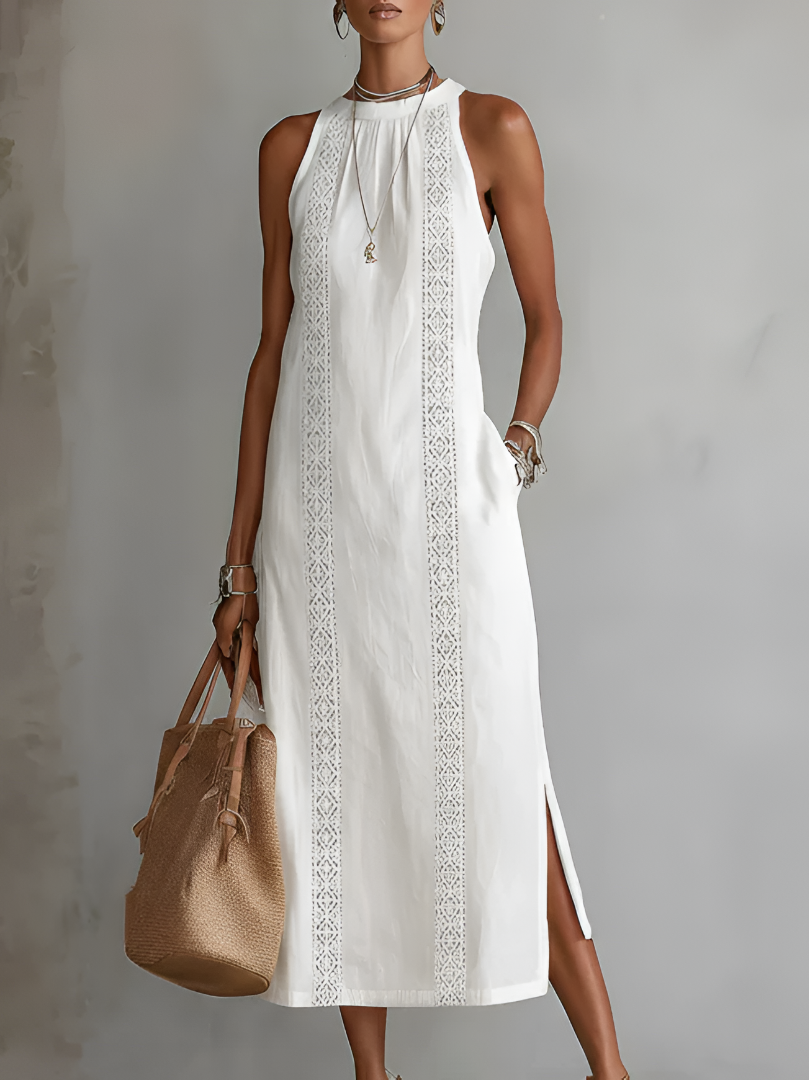 Linen midi dress with mandarin collar
