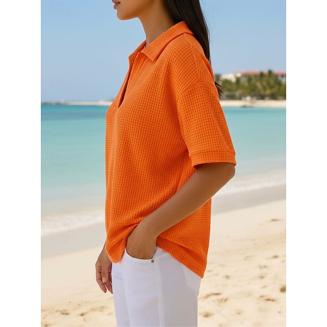 Multi Packs 2pcs Women's Waffle T-shirt Polo Shirts Tee Waffle Knit Tops Plain Fashion Basic Classic Short Sleeve Shirt Collar Regular Tops Casual Daily Beach Yellow+Orange