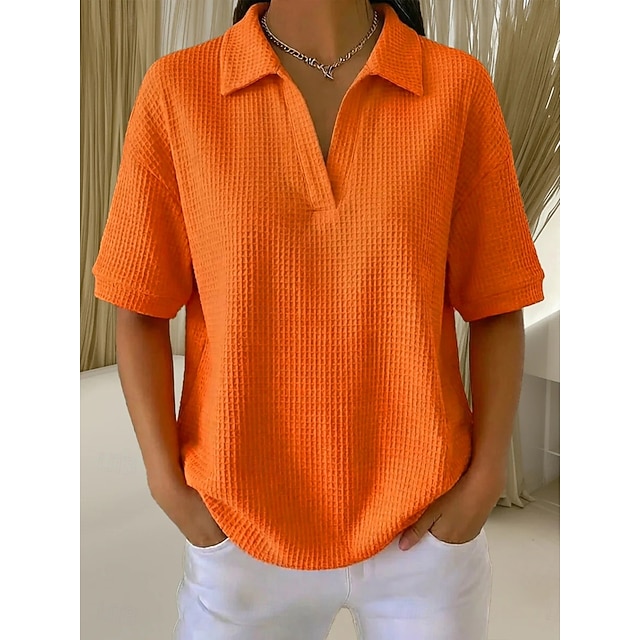 Multi Packs 2pcs Women's Waffle T-shirt Polo Shirts Tee Waffle Knit Tops Plain Fashion Basic Classic Short Sleeve Shirt Collar Regular Tops Casual Daily Beach Yellow+Orange
