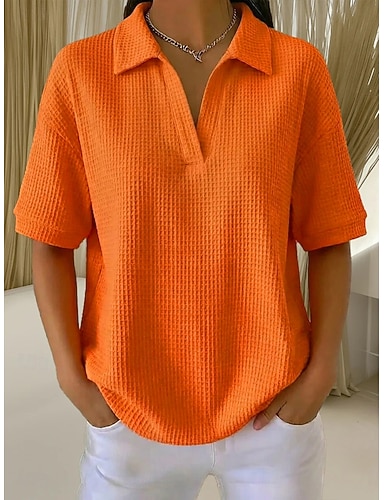 Multi Packs 2pcs Women's Waffle T-shirt Polo Shirts Tee Waffle Knit Tops Plain Fashion Basic Classic Short Sleeve Shirt Collar Regular Tops Casual Daily Beach Yellow+Orange