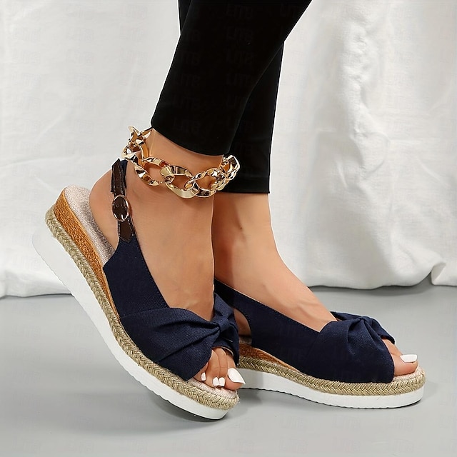 Women's Beige Slingback Espadrille Sandals with Bow Detail – Casual Summer Open-Toe Wedge Sandals